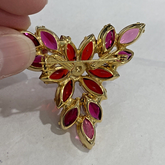 Vintage Rhinestone Brooch goldtone pink red prong set retro statement jewelry - Picture 7 of 8